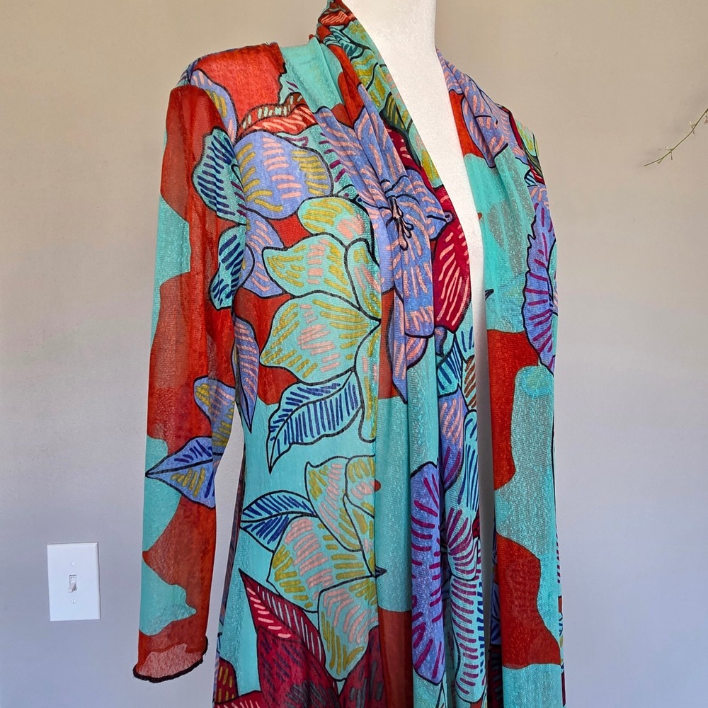 Ali Miles Floral Mesh Open Front Cardigan Duster Longline Artsy  Resort Womens S - Picture 3 of 9